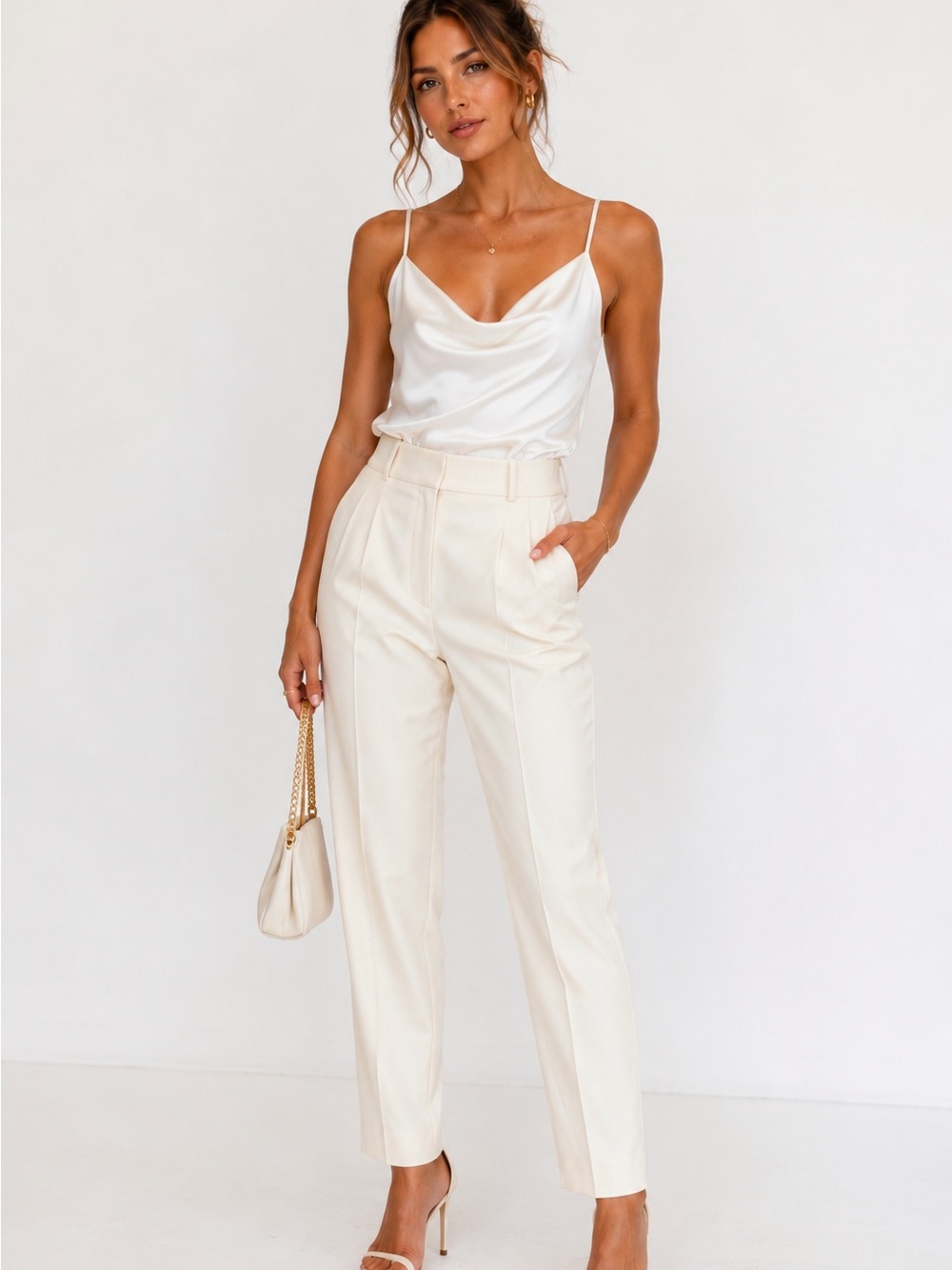 ZARA Ivory Tuxedo Stripe Tailored Pants High Waist Satin Trim M Luxury